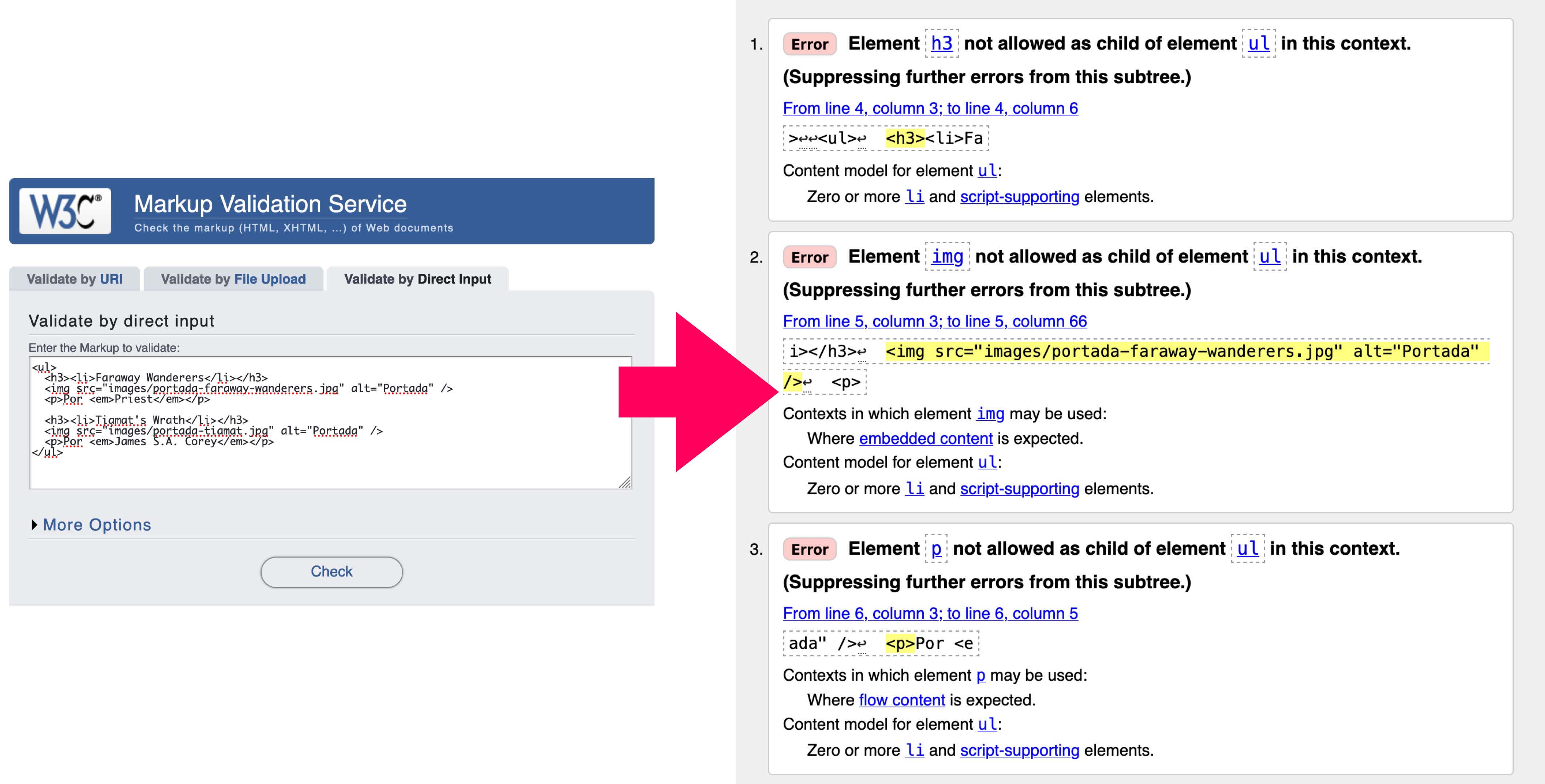 Pantallazo de validador en el navegador